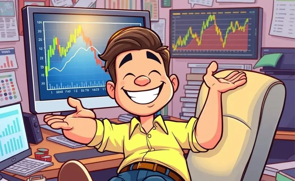 Cartoon of an investor at a desk with fluctuating stock charts