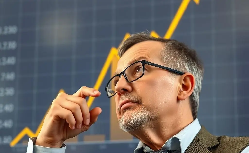 An investor pondering over a chart with rising gold prices.