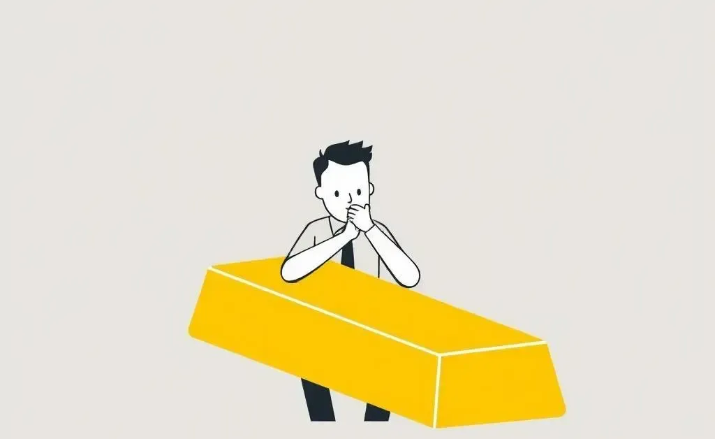 Minimalist illustration of a person sitting at a desk, pondering over a large gold bar.