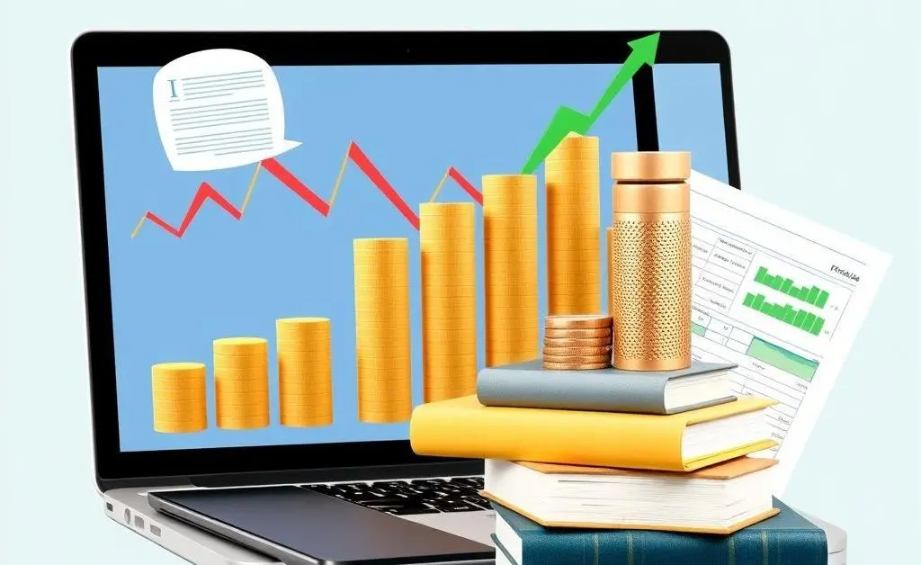 A stylized collage of modern investment tools like a laptop, smartphone, and a stack of finance books