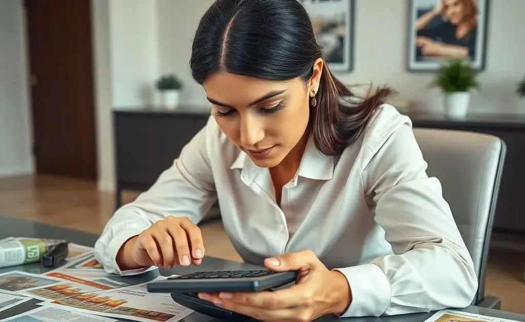 A person using a calculator, surrounded by investment brochures and property listings.