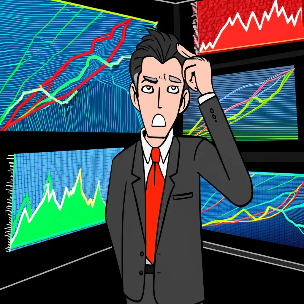 Investor with a confused expression looking at financial charts