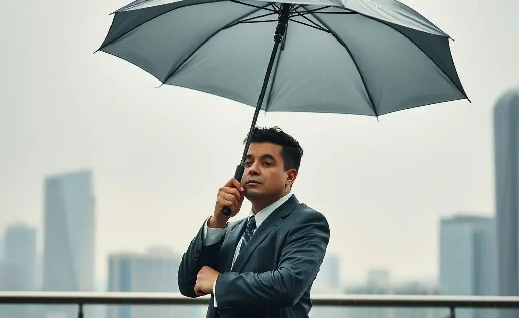 Investor holding umbrella in light financial rain