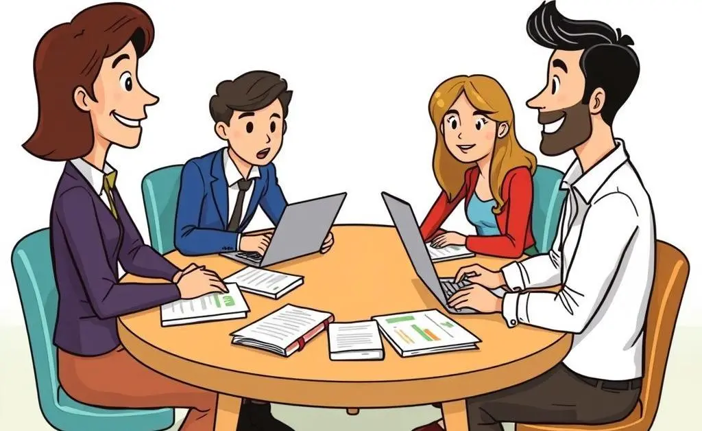 Cartoon-style visual of people discussing investments