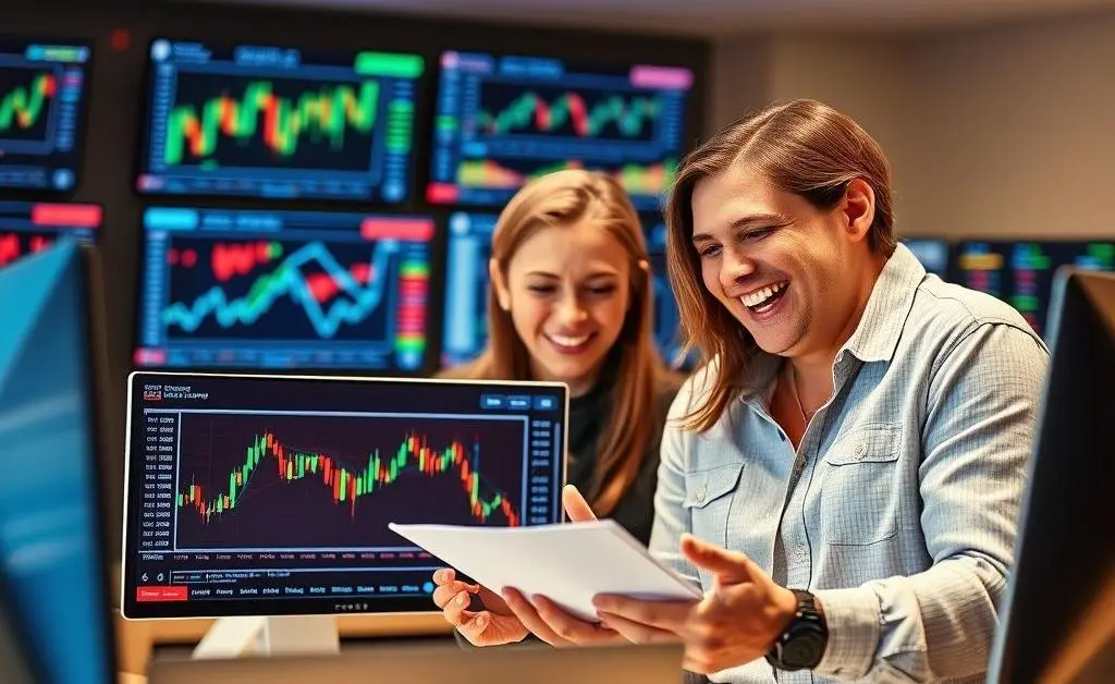 Two people happily comparing notes on different trading platforms