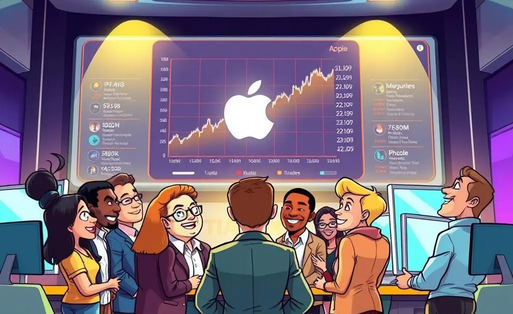 Cartoon-style investors discussing a large display of Apple's stock performance.