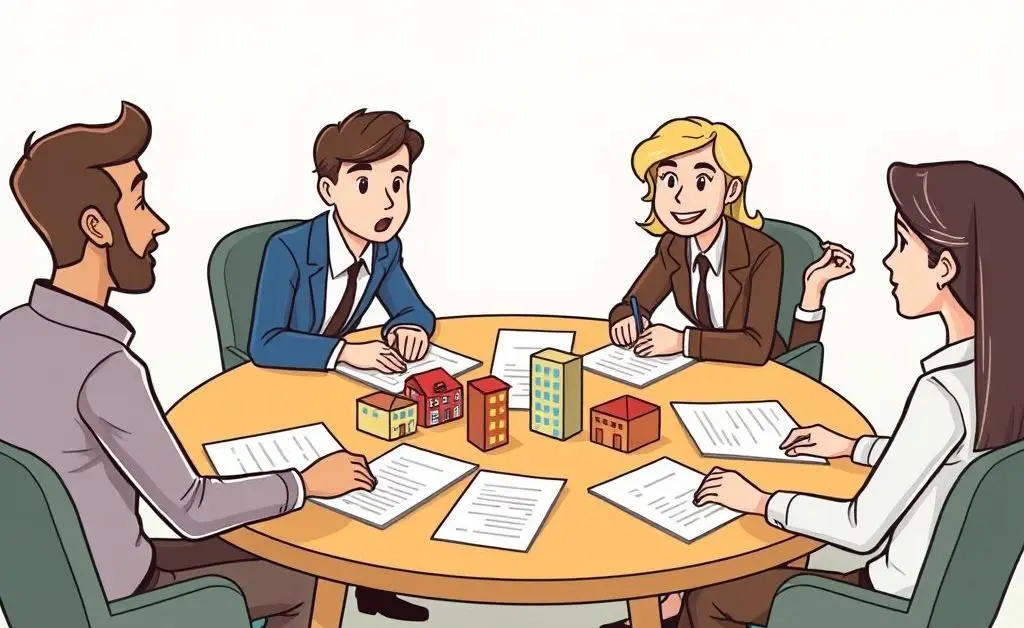 Cartoon-style group of investors having a discussion at a modern workspace.