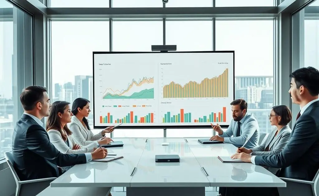 Investors around a table discussing capital with graphs in the background