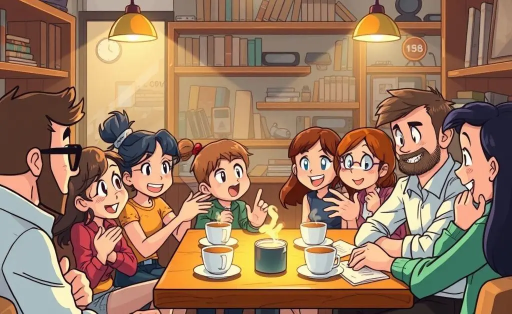 Cartoon people in a cozy cafe, heatedly discussing investments in AI.