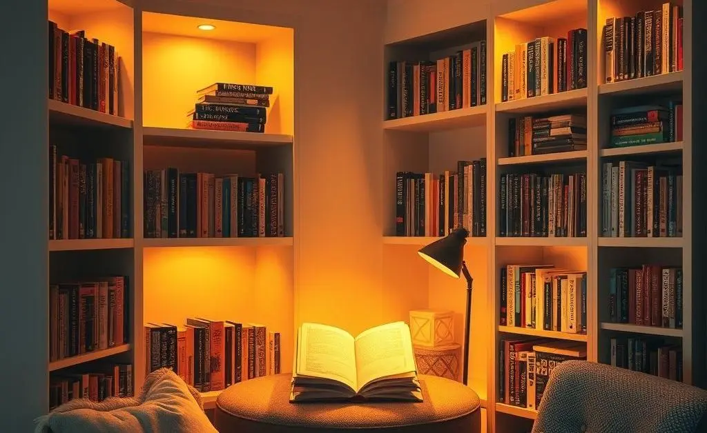 A reading corner with inviting, warm lighting