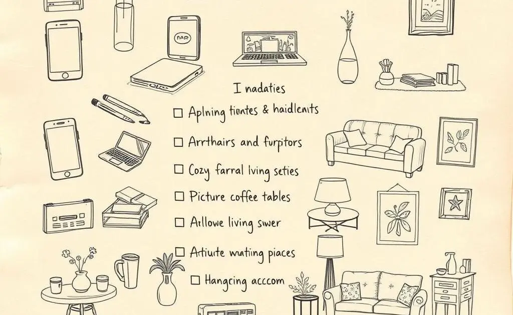 A hand-drawn checklist with various home items like electronics, furniture, and decor.