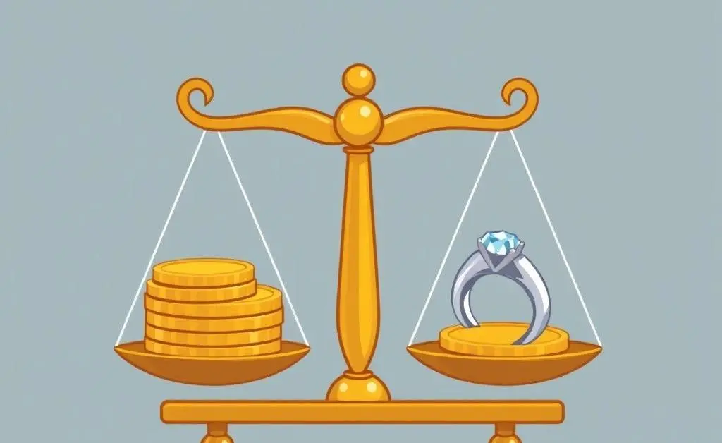 Balancing gold coins and a diamond ring on a scale