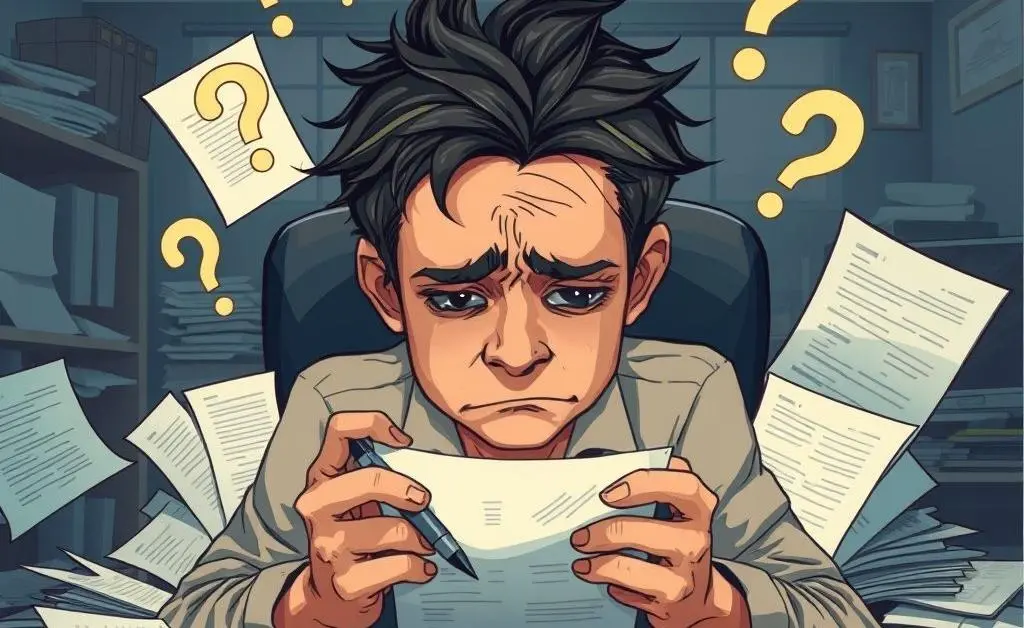 Illustration of an overwhelmed person with job applications and question marks around them