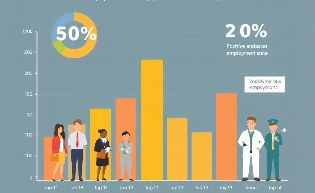 Illustration of a chart with positive employment statistics and diverse characters representing various professions