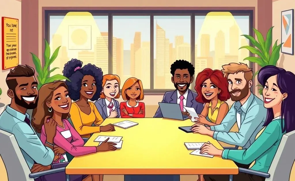 A diverse group discussing job opportunities in an office environment