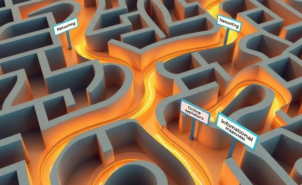 A maze with different pathways labeled as job search strategies