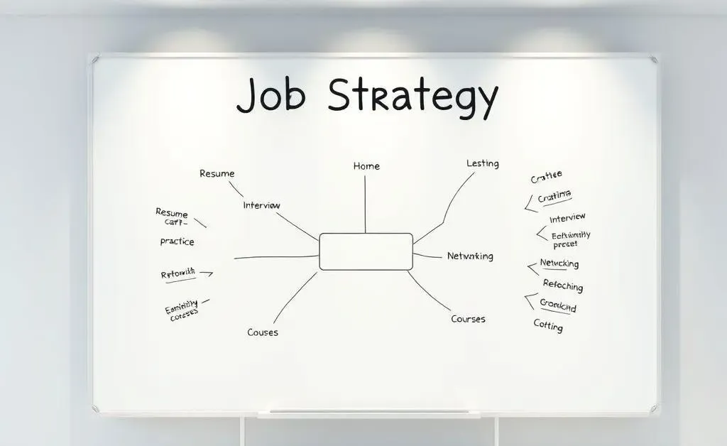 A mind map titled 'Job Strategy' with job hunting tips.
