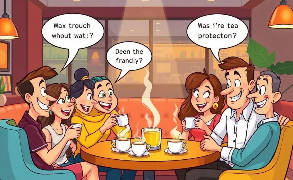 People engaged in a club discussion over tea
