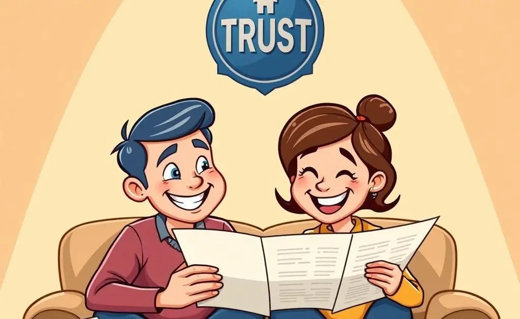 A couple reviewing their investment documents with a trust symbol above them.