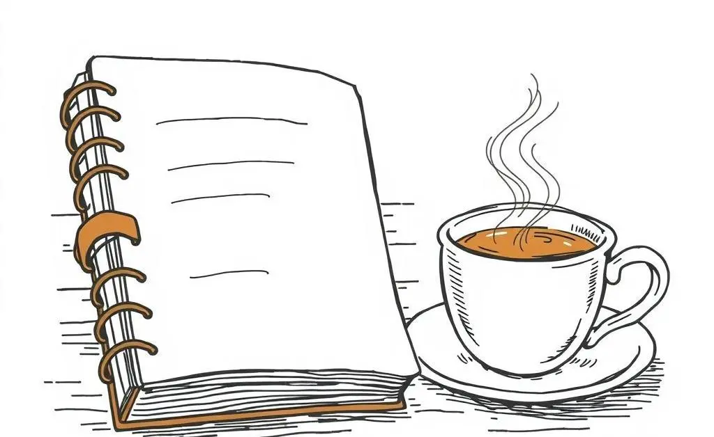 A journal and a cup of tea on a wooden desk
