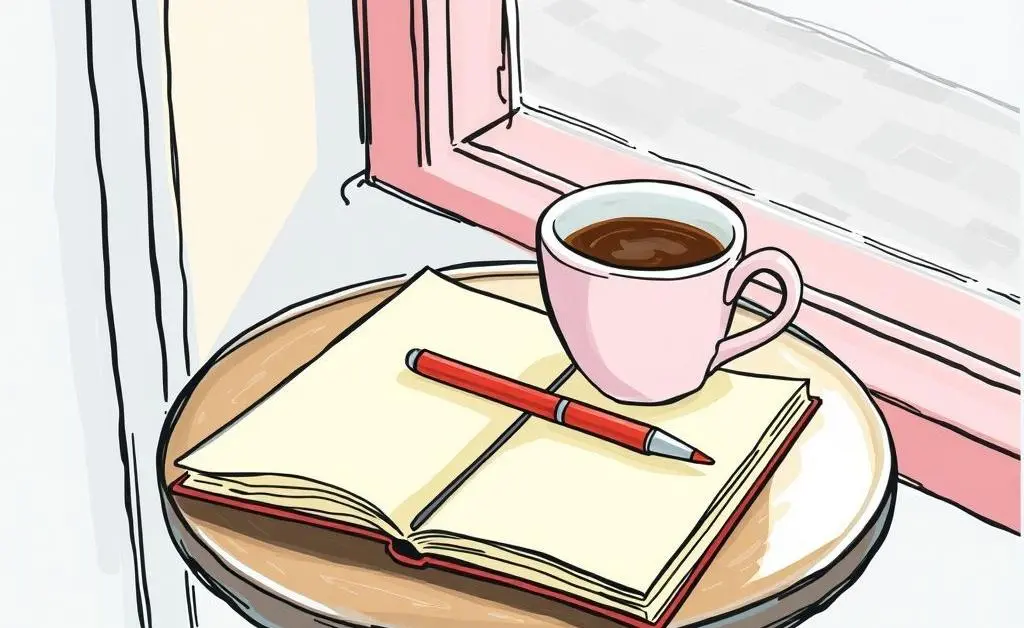 A journal, pen, and coffee on a cafe table by a window.