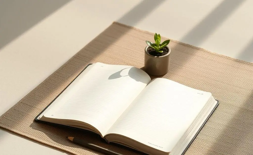 A minimalist setup of a journal open on a meditation mat.