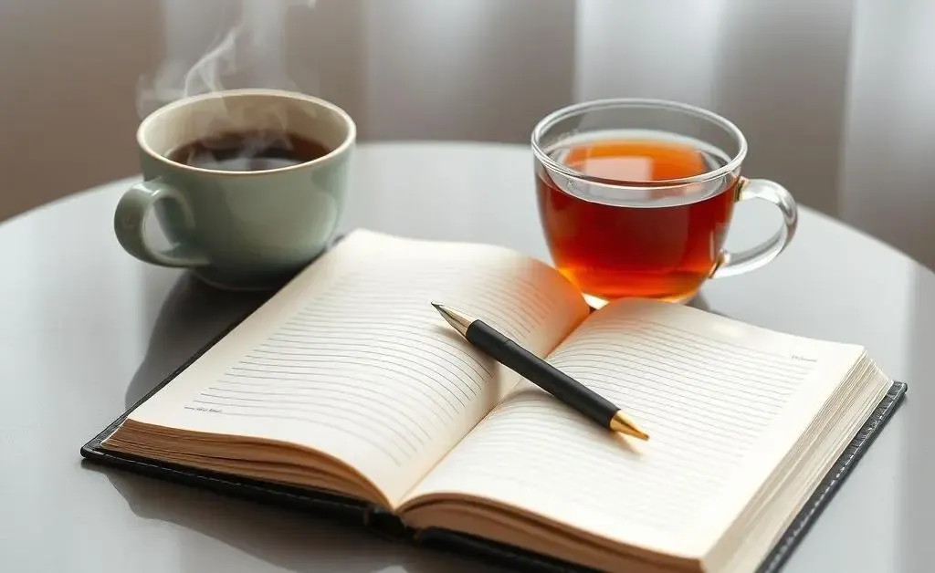 An open journal on a table with a pen, next to a steaming cup of tea, indicating reflection time.