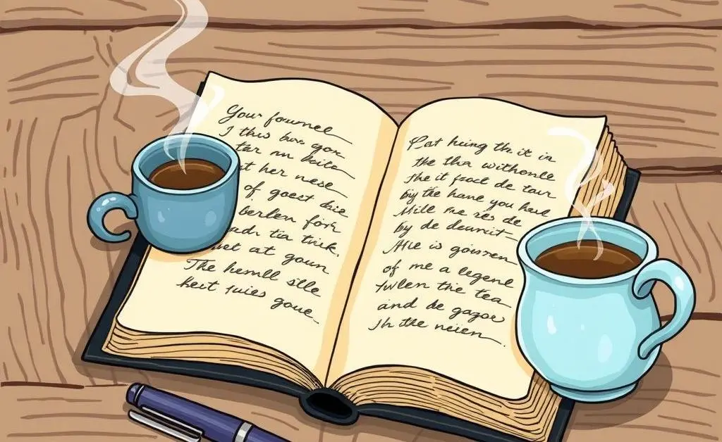Open journal with pages turning, pen, and a cup of tea on a wooden table in a cartoon style