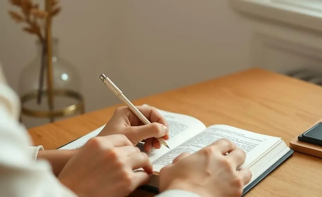 Person writing in a journal at a cozy desk, conveying introspection
