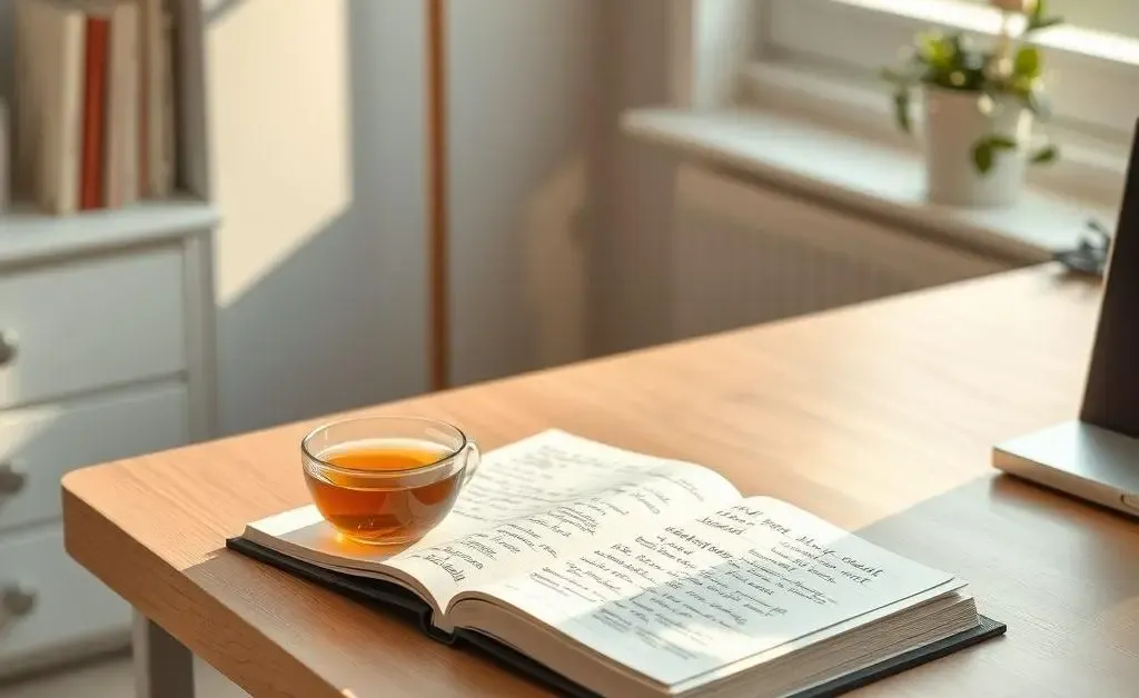 A calm, minimalist workspace with a journal and a cup of tea on a desk