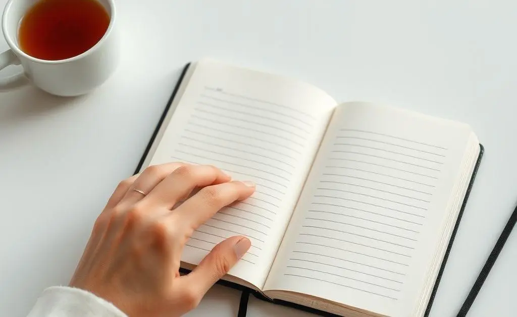 A hand writing in a journal at a minimalist desk with a cup of tea.