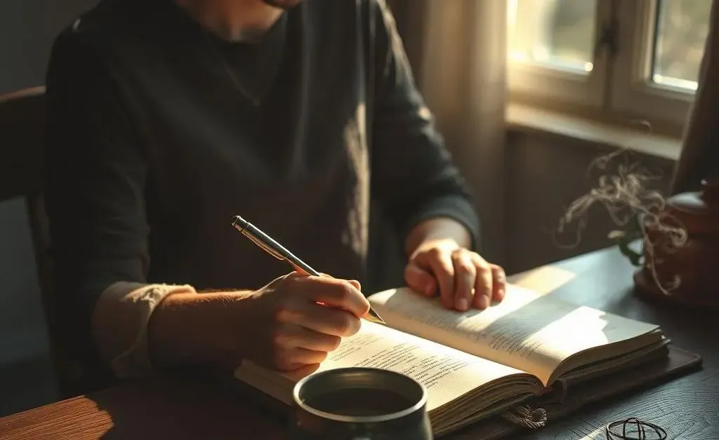 A person sitting at a desk, writing in a journal with a cup of tea by their side