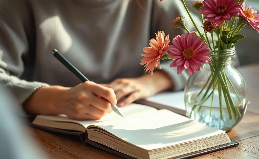 A person journaling with flowers on the table