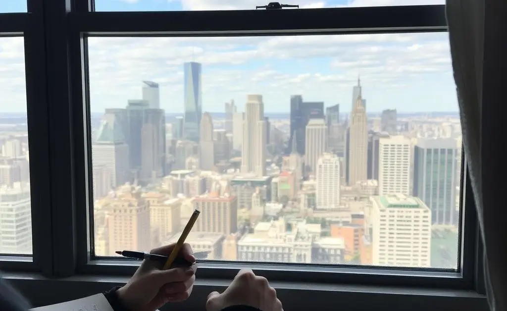 A person journaling by a window with a view of the city skyline.