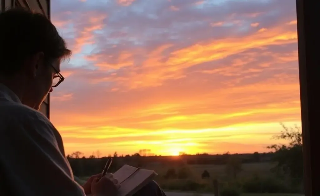 Someone journaling on a porch with a beautiful sunset in the background, symbolizing introspection.