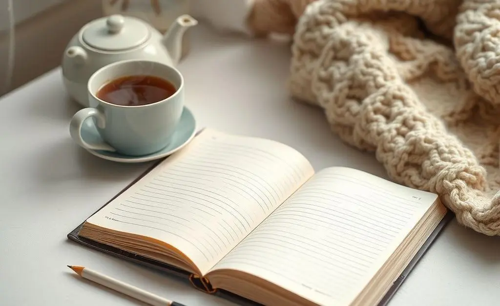 A cozy desk with a notebook open, a steaming cup of tea, and a soft blanket nearby