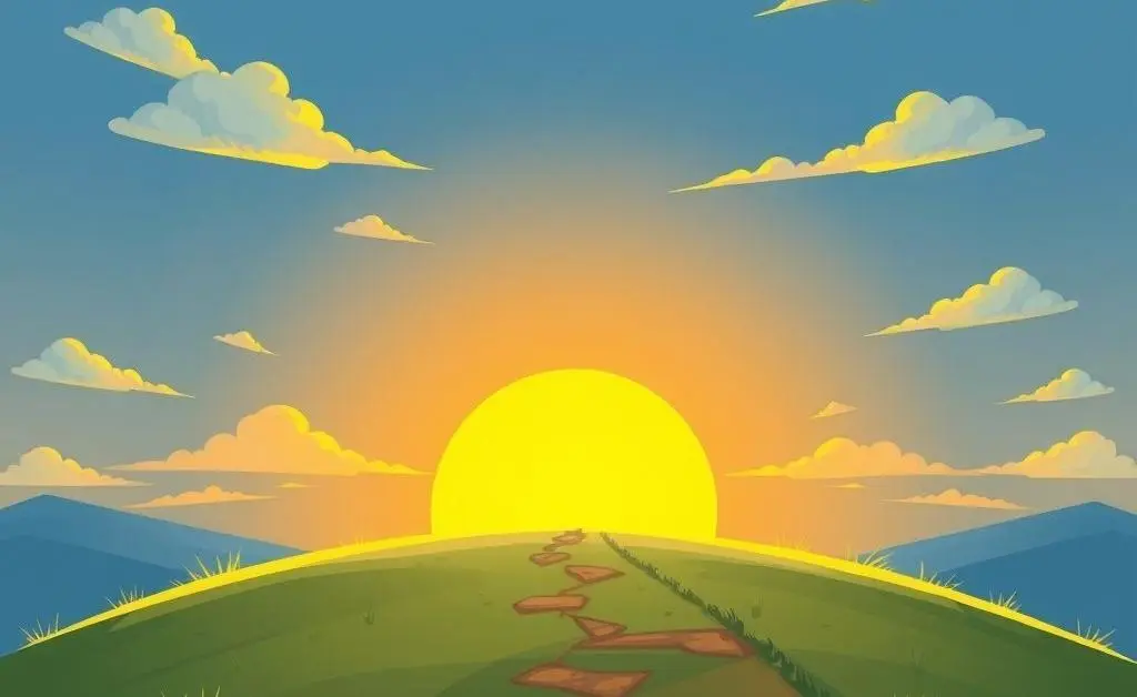 A cartoon-style path leading toward a glowing horizon symbolizing financial independence