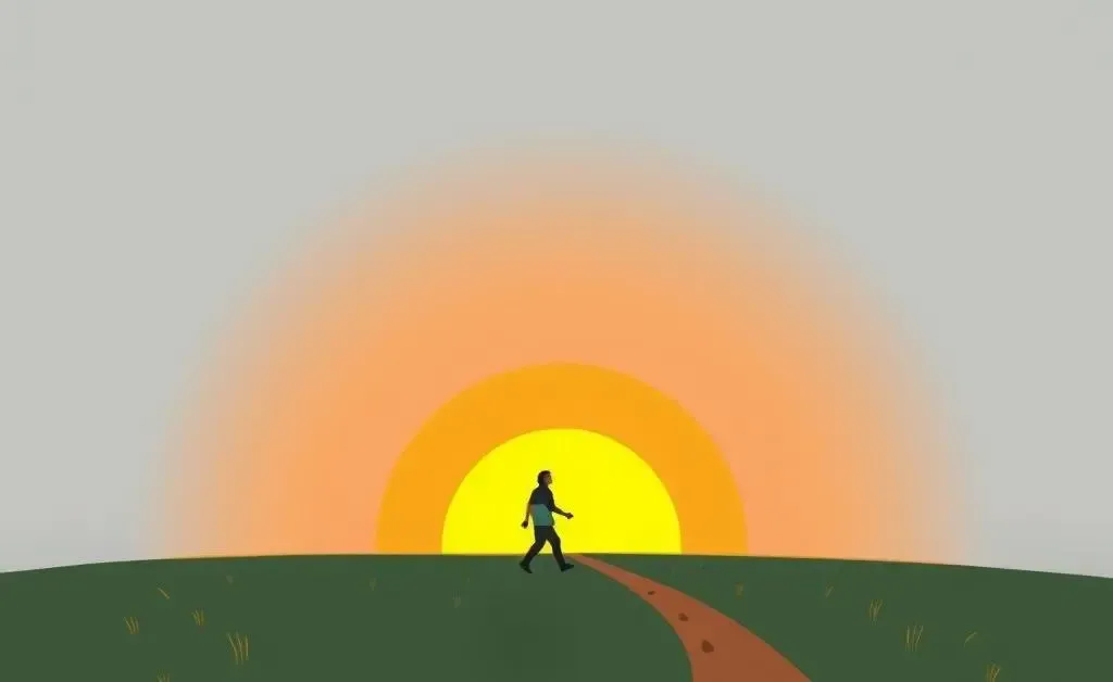 A happy person walking a sunset-lit path