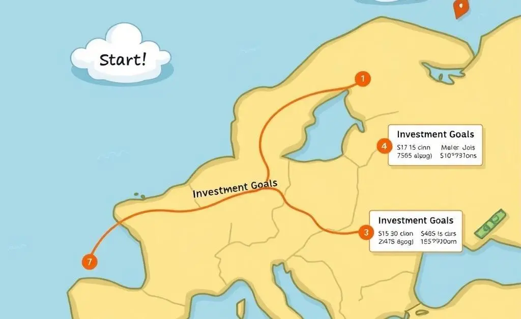 A cartoon-style map with a path from 'Start' to 'Investment Goals' with financial milestones along the way