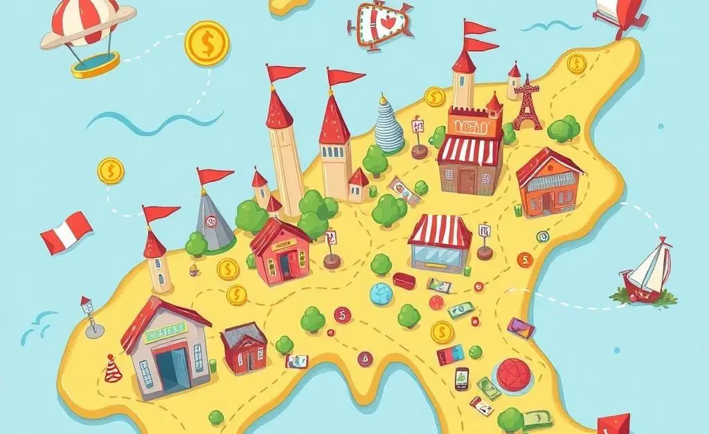 Cartoon-style map with different currency stations symbolizing a journey