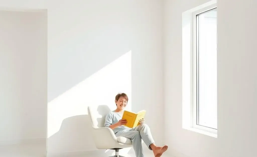 A minimalist room with plenty of light, zero clutter, and a happy individual reading a book.