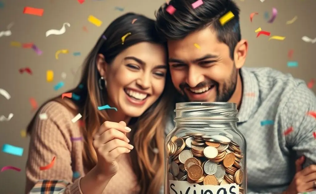 A couple celebrating together with confetti around them, looking at a filled jar labeled 'Savings'.