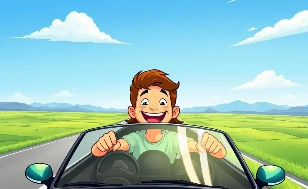 A person happily driving their new car on an open road