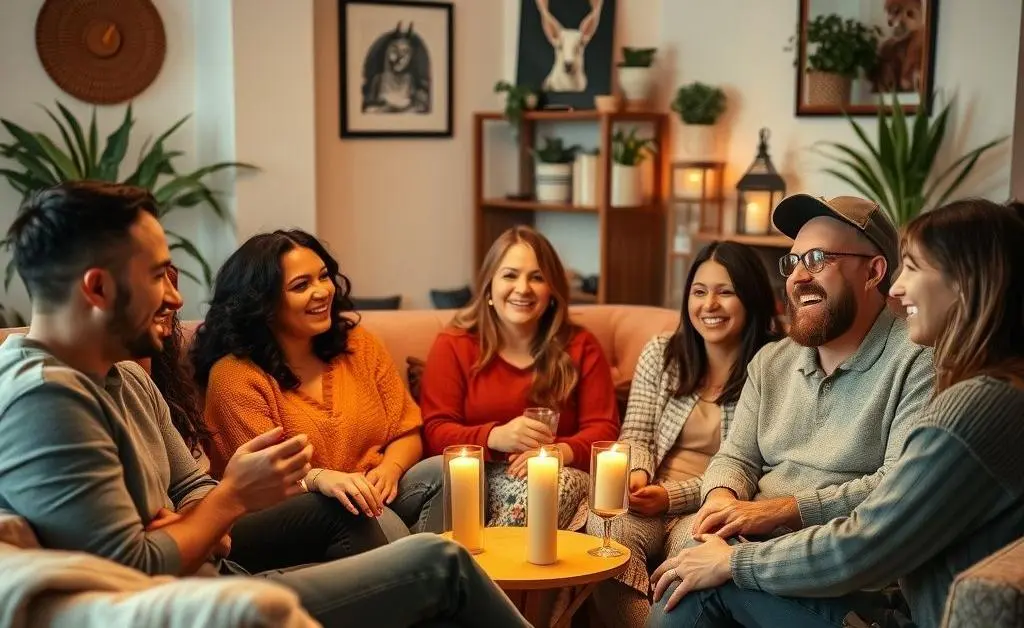 Friends sitting together in a living room, happily chatting and enjoying each other's company.