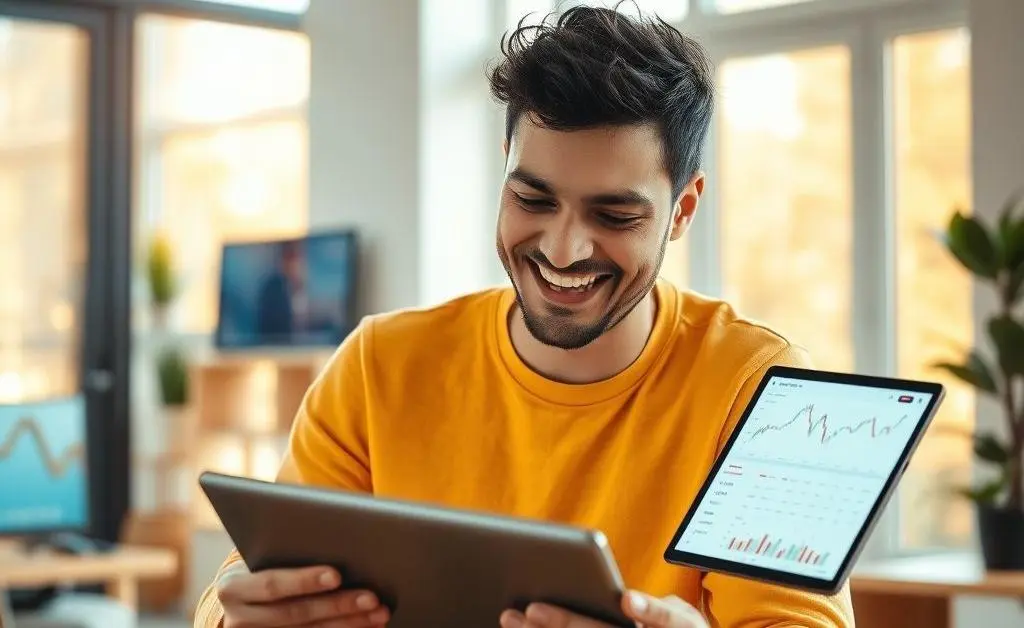 A person experiencing joy while reviewing investments on their tablet