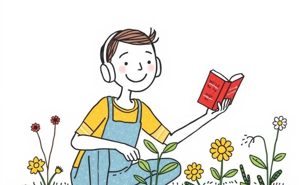 A person happily gardening while listening to an audiobook