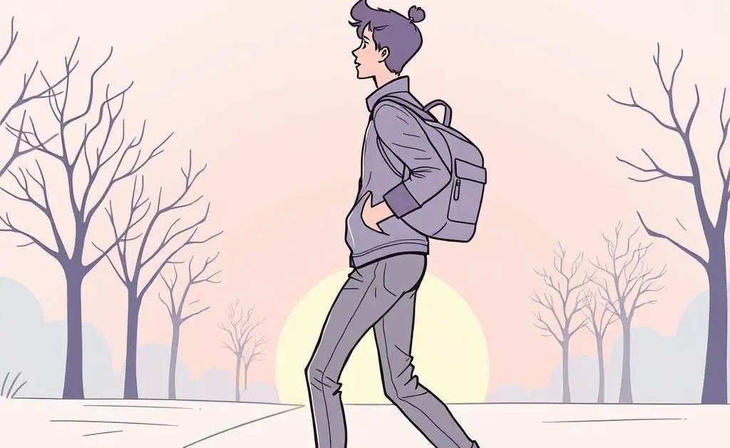 Minimalist illustration of someone walking with enthusiasm, carrying essentials in a backpack.