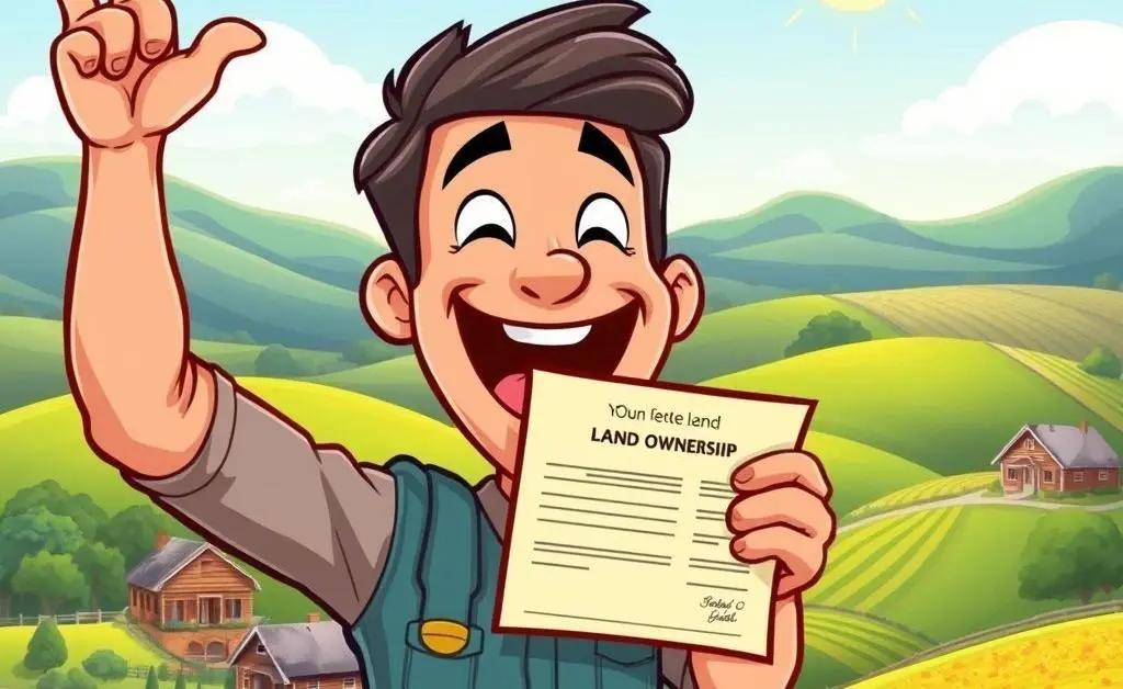 A happy person holding a deed to a new piece of land with a rural backdrop.