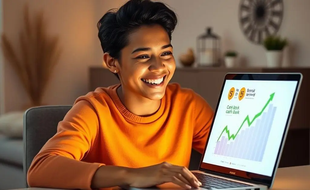 A person joyfully looking at their laptop screen showing increased cash back rewards.