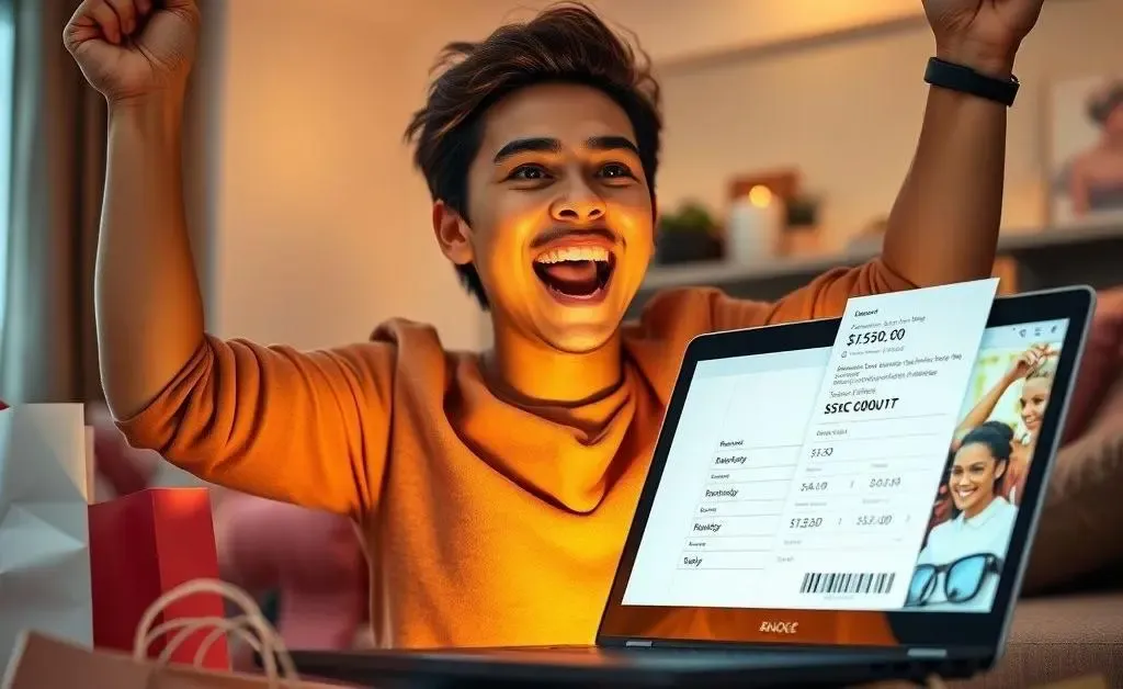 Joyful shopper celebrating a successful purchase